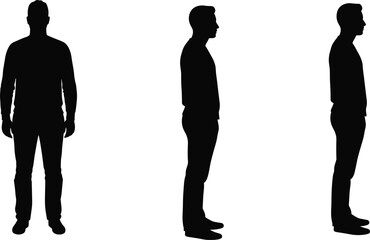 Male silhouette from front and side views, black human figure icon set, standing man posture, isolated vector illustration design
