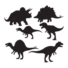 Six Black Silhouettes of Dinosaurs Triceratops Stegosaurus Tyrannosaurus Rex Spinosaurus Baryonyx and another Theropod on White Background
