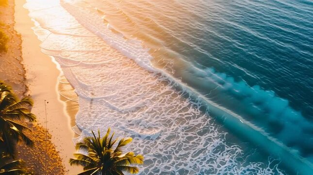 Drone footage flying over tropical beach, palm trees swaying in the wind, crystal clear ocean waves crashing, golden hour sunlight