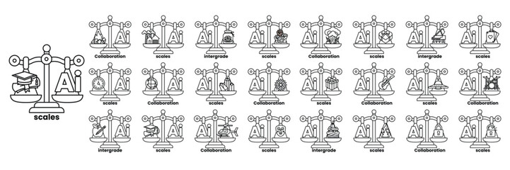 A series of scales with a variety of weights on them