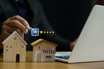 Businessman creates home and shop review forms, customer satisfaction surveys, business performance...