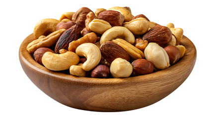A wooden bowl filled with a variety of healthy mixed nuts including cashews almonds and hazelnuts isolated on transparent background