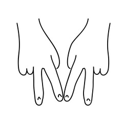 Two hands showing peace sign with fingers extended in a simple line drawing on a white background