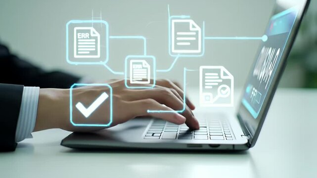 Hands Typing on Laptop with Digital Document Icons on Light Background for Business Compliance and Regulation Practices Check List