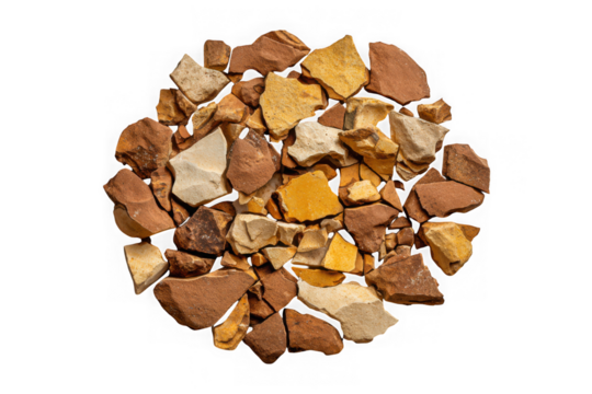A pile of broken earthy colored rock fragments scattered in a circular pattern isolated on transparent background - Powered by Adobe