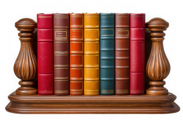 A collection of antique leather bound books on a wooden shelf with decorative bookends isolated on transparent background