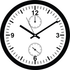 A black and white clock with two smaller dials and a thick border
