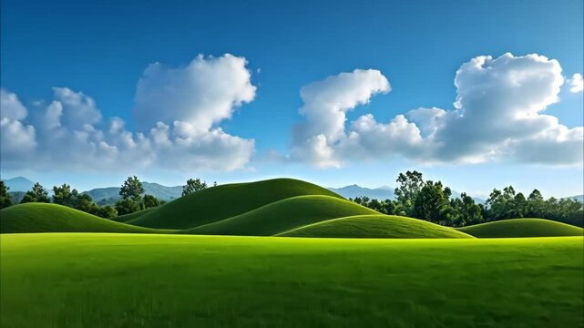 A serene landscape featuring rolling green hills under a bright blue sky with fluffy white clouds.