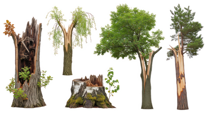 Broken and damaged trees isolated on transparent background, snapped trunks and storm-damaged wood