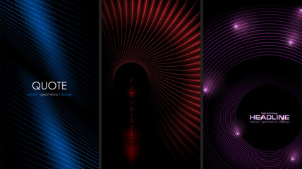 Set of vertical banners with minimal laser lines, abstract glowing futuristic tech background. Vector digital art rays flyer design