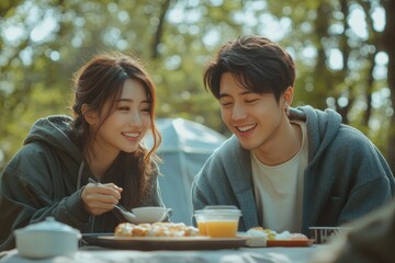 Asian couple enjoying an outdoor camping experience, sharing a meal together while immersed in nature, relaxation and connection, Generative AI