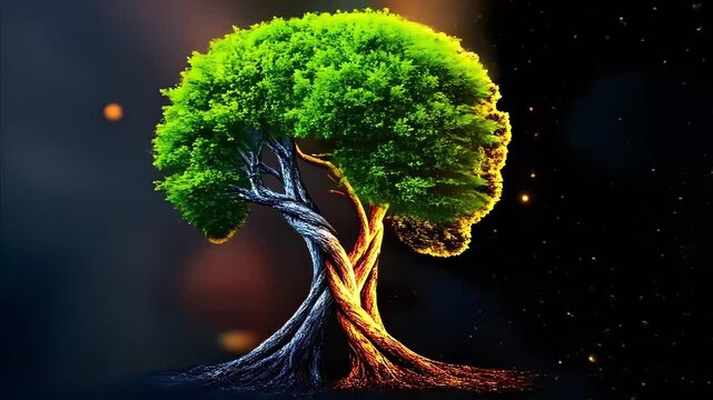 A artistic representation of two intertwined trees, one vibrant green and the other fiery orange, symbolizing life and transformation.