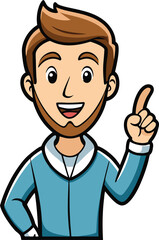 Cartoon man pointing finger up indicating idea or solution isolated on white background
