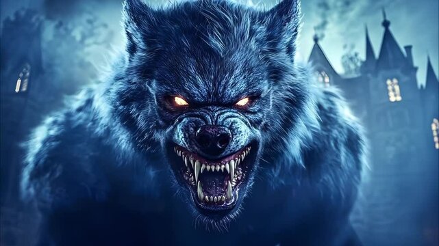 A fierce, glowing-eyed wolf-like creature snarling in a dark, eerie setting near a haunted castle.