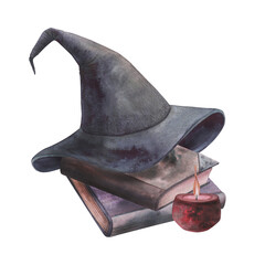 Witch's magical book with hat, red wax candle isolated on white. Watercolor hand drawn dark fantasy sketch illustration. Art design mystical halloween witch decoration greeting card