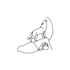 Obraz premium Line art wolf howling on rock with moon silhouette