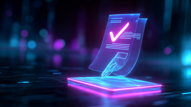 Holographic Digital Document with Glowing Checkmark Floating Above Hand