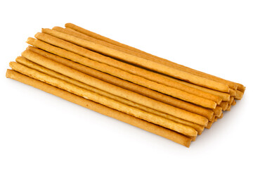 Thin long breadsticks. Cookies straws. Bakery products on a white background.