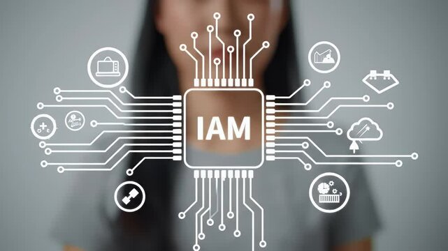 Identity Access Management Concept with Woman Touching Virtual Interface Representing Digital Security and Data Protection in Gray Background