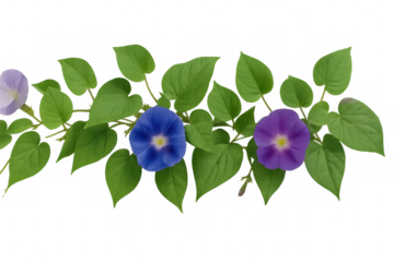 Morning glory flowers blooming vibrantly, green foliage twining, creating natural delicate border on transparent background