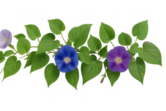 Morning glory flowers blooming vibrantly, green foliage twining, creating natural delicate border on transparent background