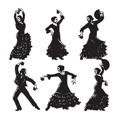 Six Black Silhouettes of Flamenco Dancers Performing Traditional Spanish Dance Poses with Castanets and Fan