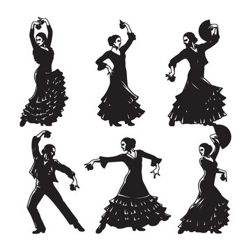 Six Black Silhouettes of Flamenco Dancers Performing Traditional Spanish Dance Poses with Castanets and Fan