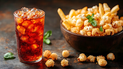 Ice cold cola with crispy snacks food photography