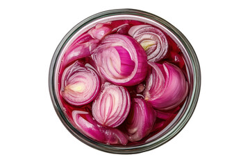 Colorful bowl of pickled red onion showcasing delightful layers and vibrant hues in a top view isolated on a clean white background