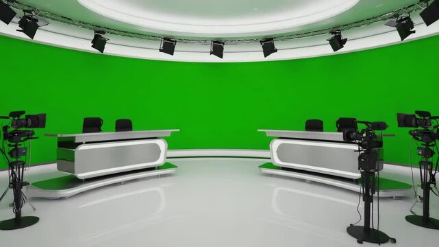 Virtual news studio with green background (#00FF00) for inserting news anchor and graphics, cinematic setup, 4K, isolated on white background