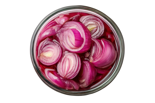 Colorful bowl of pickled red onion showcasing delightful layers and vibrant hues in a top view isolated on a clean white background
