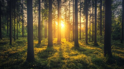 Golden sunlight streams through a dense forest, illuminating the green foliage and creating a magical atmosphere.