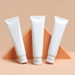 Three sleek white cosmetic tubes arranged in a triangle composition on a soft pastel gradient background, different angles (front, side, diagonal), minimal shadow, no text or logo.