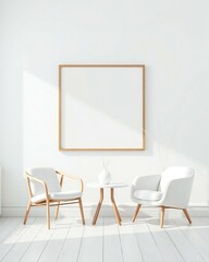 Minimalist scandinavian living room with white chairs and a wooden frame