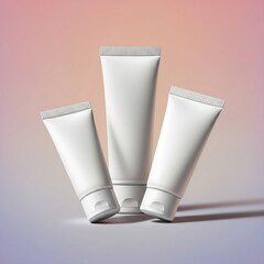 Three sleek white cosmetic tubes arranged in a triangle composition on a soft pastel gradient background, different angles (front, side, diagonal), minimal shadow, no text or logo.