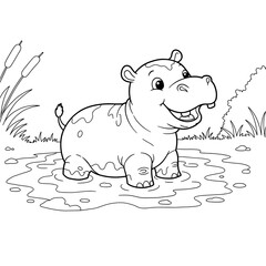 A cheerful baby hippopotamus splashes playfully in a puddle, surrounded by grass and bushes, illustrated in black-and-white line art.