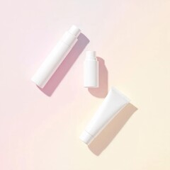 Three sleek white cosmetic tubes arranged in a triangle composition on a soft pastel gradient background, different angles (front, side, diagonal), minimal shadow, no text or logo