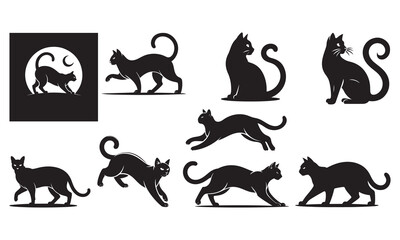Black cat silhouettes in various poses. Perfect for logos, decals, apparel design.