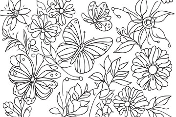 Butterflies and floral patterns create a charming design for coloring books or crafts, featuring a variety of intricate shapes and delightful blossoms
