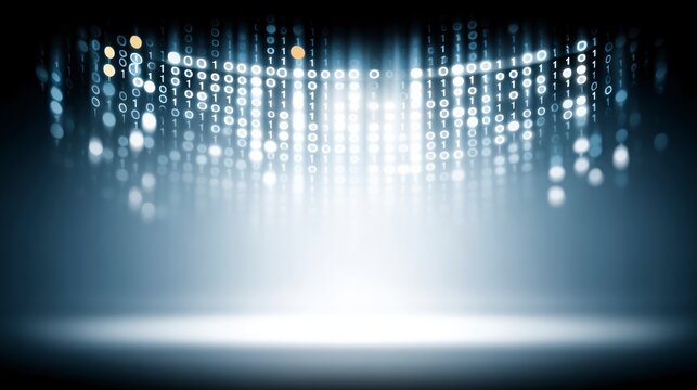 Digital code streams with illuminated binary data falling in a futuristic stage setting