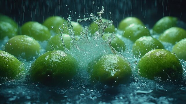 Fresh limes under rain shower