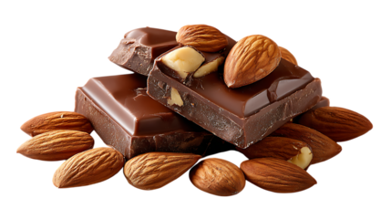 Rich dark chocolate pieces with whole almonds scattered around isolated on transparent background