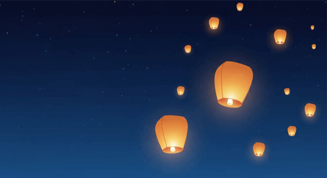Stylized Floating Lanterns in Night Sky Banner with Stars and Ample Copy Space for Hopeful August Messaging