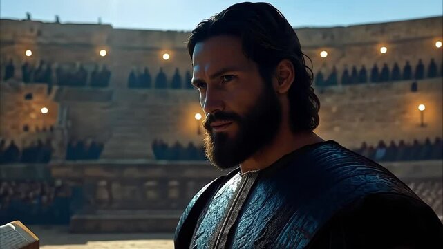A man with a beard stands in an ancient amphitheater, illuminated by sunlight, seemingly in a moment of reflection or anticipation.