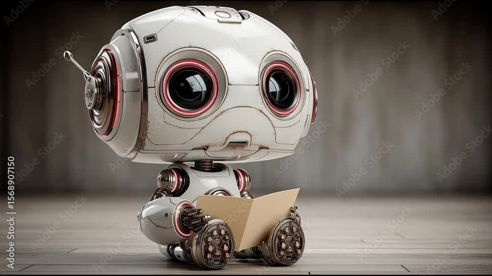 Poster robot holding piece of paper symbolizing ai business scenario builder concept for generating new ide