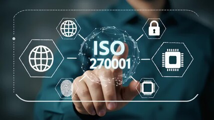 Man Interacting With Iso 270001 Global Technology Hologram Display With Data Security Information and Blue Background - Powered by Adobe