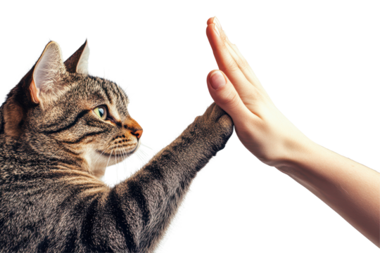 Cat performing high five with human hand against a neutral background showcasing a playful interaction