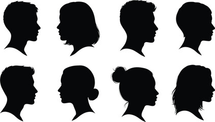 Silhouettes of male and female head profiles, various hairstyles, side view, isolated on white background, black vector faces illustration set