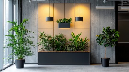 Cozy office wall featuring a mix of textures, including fabric and metal accents: A beautifully designed office space with a textured wall combining soft fabric panels, industrial metal accents, and