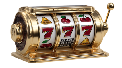 Classic golden slot machine with cherries bells and sevens isolated on transparent background